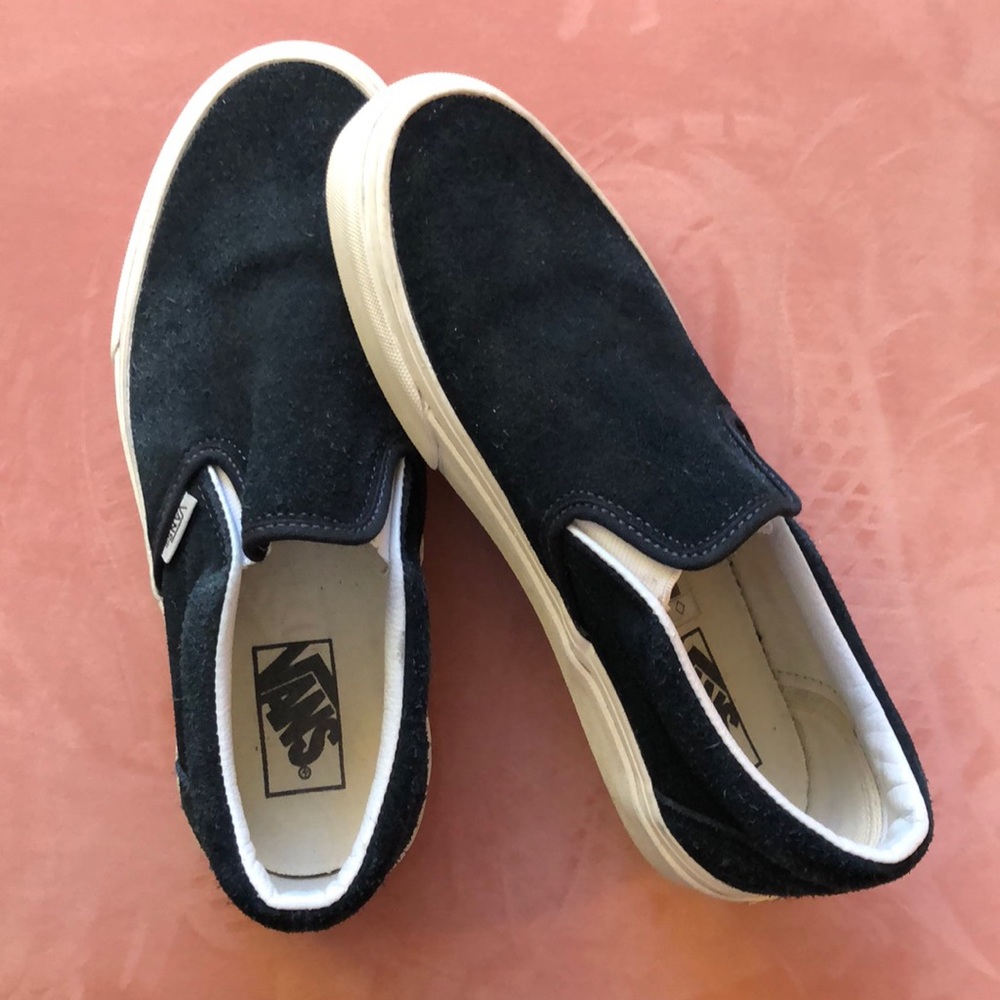 Blue suede slip ons